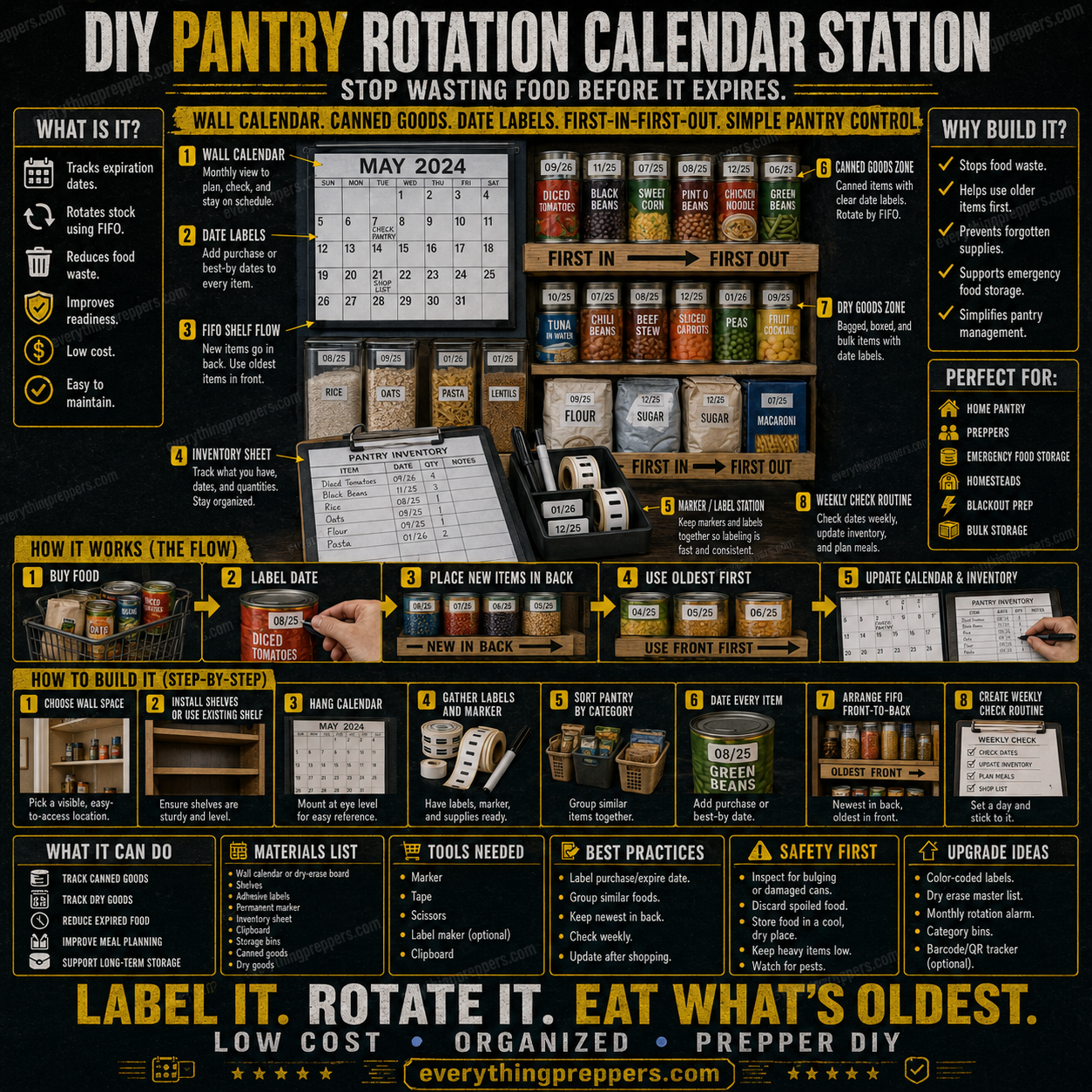 A DIY pantry rotation station with labeled canned food, dry goods, a wall calendar, inventory clipboard, and first-in-first-out shelves.